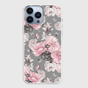 Чехол для iPhone 13 Pro Max с принтом Розовые розы в Новосибирске,  |  | bouquets | color | gray | leave | lowers | ornament | patterns | pink | roses | букеты | графика | искусство | картинка | красивый | крутой | листья | мода | модный | молодёжная | орнамент | рисунок | розовые | розы | рукоделие | серый