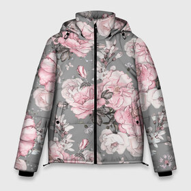 Мужская зимняя куртка 3D с принтом Розовые розы в Новосибирске, верх — 100% полиэстер; подкладка — 100% полиэстер; утеплитель — 100% полиэстер | длина ниже бедра, свободный силуэт Оверсайз. Есть воротник-стойка, отстегивающийся капюшон и ветрозащитная планка. 

Боковые карманы с листочкой на кнопках и внутренний карман на молнии. | bouquets | color | gray | leave | lowers | ornament | patterns | pink | roses | букеты | графика | искусство | картинка | красивый | крутой | листья | мода | модный | молодёжная | орнамент | рисунок | розовые | розы | рукоделие | серый