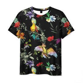 Мужская футболка 3D с принтом Попугаи в Новосибирске, 100% полиэфир | прямой крой, круглый вырез горловины, длина до линии бедер | parrots | ветки | графика | джунгли | искусство | картинка | красивый | красный | крутой | листья | мода | модный | молодёжная | орнамент | попугаи | рисунок | розовый | рукоделие | синий | стиль