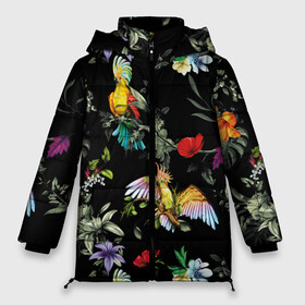 Женская зимняя куртка 3D с принтом Попугаи в Новосибирске, верх — 100% полиэстер; подкладка — 100% полиэстер; утеплитель — 100% полиэстер | длина ниже бедра, силуэт Оверсайз. Есть воротник-стойка, отстегивающийся капюшон и ветрозащитная планка. 

Боковые карманы с листочкой на кнопках и внутренний карман на молнии | parrots | ветки | графика | джунгли | искусство | картинка | красивый | красный | крутой | листья | мода | модный | молодёжная | орнамент | попугаи | рисунок | розовый | рукоделие | синий | стиль