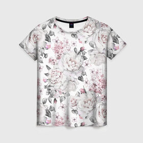 Женская футболка 3D с принтом Белые розы в Новосибирске, 100% полиэфир ( синтетическое хлопкоподобное полотно) | прямой крой, круглый вырез горловины, длина до линии бедер | Тематика изображения на принте: bouquets | color | gray | leave | lowers | ornament | patterns | pink | roses | букеты | графика | искусство | картинка | красивый | крутой | листья | мода | модный | молодёжная | орнамент | рисунок | розовые | розы | рукоделие | серый