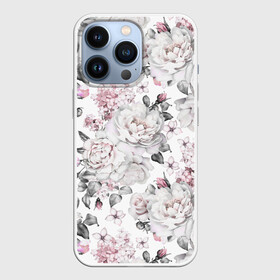 Чехол для iPhone 13 Pro с принтом Белые розы в Новосибирске,  |  | bouquets | color | gray | leave | lowers | ornament | patterns | pink | roses | букеты | графика | искусство | картинка | красивый | крутой | листья | мода | модный | молодёжная | орнамент | рисунок | розовые | розы | рукоделие | серый