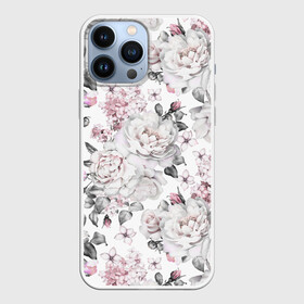 Чехол для iPhone 13 Pro Max с принтом Белые розы в Новосибирске,  |  | bouquets | color | gray | leave | lowers | ornament | patterns | pink | roses | букеты | графика | искусство | картинка | красивый | крутой | листья | мода | модный | молодёжная | орнамент | рисунок | розовые | розы | рукоделие | серый