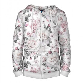 Мужская толстовка 3D на молнии с принтом Белые розы в Новосибирске, 100% полиэстер | длина до линии бедра, манжеты и пояс оформлены мягкой тканевой резинкой, двухслойный капюшон со шнурком для регулировки, спереди молния, по бокам два кармана | Тематика изображения на принте: bouquets | color | gray | leave | lowers | ornament | patterns | pink | roses | букеты | графика | искусство | картинка | красивый | крутой | листья | мода | модный | молодёжная | орнамент | рисунок | розовые | розы | рукоделие | серый