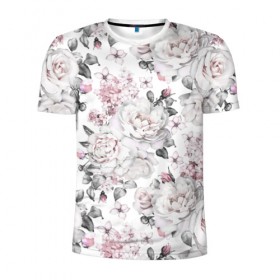 Мужская футболка 3D спортивная с принтом Белые розы в Новосибирске, 100% полиэстер с улучшенными характеристиками | приталенный силуэт, круглая горловина, широкие плечи, сужается к линии бедра | bouquets | color | gray | leave | lowers | ornament | patterns | pink | roses | букеты | графика | искусство | картинка | красивый | крутой | листья | мода | модный | молодёжная | орнамент | рисунок | розовые | розы | рукоделие | серый
