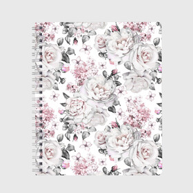 Тетрадь с принтом Белые розы в Новосибирске, 100% бумага | 48 листов, плотность листов — 60 г/м2, плотность картонной обложки — 250 г/м2. Листы скреплены сбоку удобной пружинной спиралью. Уголки страниц и обложки скругленные. Цвет линий — светло-серый
 | bouquets | color | gray | leave | lowers | ornament | patterns | pink | roses | букеты | графика | искусство | картинка | красивый | крутой | листья | мода | модный | молодёжная | орнамент | рисунок | розовые | розы | рукоделие | серый