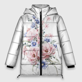 Женская зимняя куртка 3D с принтом Цветы в Новосибирске, верх — 100% полиэстер; подкладка — 100% полиэстер; утеплитель — 100% полиэстер | длина ниже бедра, силуэт Оверсайз. Есть воротник-стойка, отстегивающийся капюшон и ветрозащитная планка. 

Боковые карманы с листочкой на кнопках и внутренний карман на молнии | Тематика изображения на принте: bouquets | flowers | pattern | roses | букеты | графика | жёлтый | зелёный | искусство | картинка | красивый | крутой | листья | мода | модный | молодёжная | оранжевый | орнамент | рисунок | розовый | розы | рукоделие
