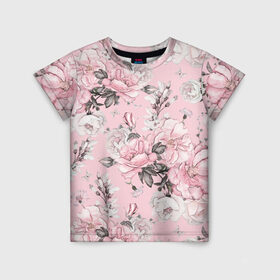 Детская футболка 3D с принтом Розовые розы в Новосибирске, 100% гипоаллергенный полиэфир | прямой крой, круглый вырез горловины, длина до линии бедер, чуть спущенное плечо, ткань немного тянется | Тематика изображения на принте: bouquets | color | gray | leave | lowers | ornament | patterns | pink | roses | букеты | графика | искусство | картинка | красивый | крутой | листья | мода | модный | молодёжная | орнамент | рисунок | розовые | розы | рукоделие | серый