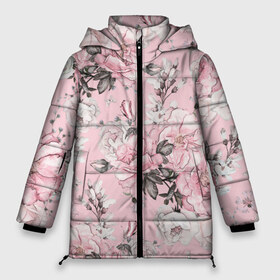 Женская зимняя куртка 3D с принтом Розовые розы в Новосибирске, верх — 100% полиэстер; подкладка — 100% полиэстер; утеплитель — 100% полиэстер | длина ниже бедра, силуэт Оверсайз. Есть воротник-стойка, отстегивающийся капюшон и ветрозащитная планка. 

Боковые карманы с листочкой на кнопках и внутренний карман на молнии | bouquets | color | gray | leave | lowers | ornament | patterns | pink | roses | букеты | графика | искусство | картинка | красивый | крутой | листья | мода | модный | молодёжная | орнамент | рисунок | розовые | розы | рукоделие | серый