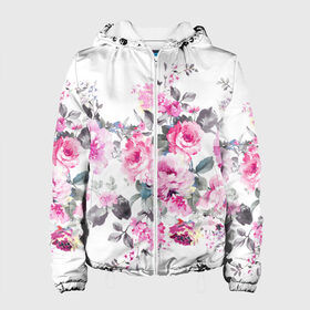 Женская куртка 3D с принтом Розовые розы в Новосибирске, ткань верха — 100% полиэстер, подклад — флис | прямой крой, подол и капюшон оформлены резинкой с фиксаторами, два кармана без застежек по бокам, один большой потайной карман на груди. Карман на груди застегивается на липучку | bouquets | color | gray | leave | lowers | ornament | patterns | pink | roses | букеты | графика | искусство | картинка | красивый | крутой | листья | мода | модный | молодёжная | орнамент | рисунок | розовые | розы | рукоделие | серый