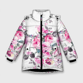 Зимняя куртка для девочек 3D с принтом Розовые розы в Новосибирске, ткань верха — 100% полиэстер; подклад — 100% полиэстер, утеплитель — 100% полиэстер. | длина ниже бедра, удлиненная спинка, воротник стойка и отстегивающийся капюшон. Есть боковые карманы с листочкой на кнопках, утяжки по низу изделия и внутренний карман на молнии. 

Предусмотрены светоотражающий принт на спинке, радужный светоотражающий элемент на пуллере молнии и на резинке для утяжки. | bouquets | color | gray | leave | lowers | ornament | patterns | pink | roses | букеты | графика | искусство | картинка | красивый | крутой | листья | мода | модный | молодёжная | орнамент | рисунок | розовые | розы | рукоделие | серый