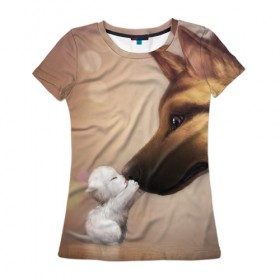 Женская футболка 3D с принтом Котёнок и собака в Новосибирске, 100% полиэфир ( синтетическое хлопкоподобное полотно) | прямой крой, круглый вырез горловины, длина до линии бедер | 