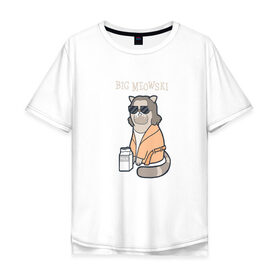 Мужская футболка хлопок Oversize с принтом Big Meowski в Новосибирске, 100% хлопок | свободный крой, круглый ворот, “спинка” длиннее передней части | большой лебовски | боулинг | дюдя | кино | комедия | кот | котейка | котенок | котэ | кошка | молоко | хиппи | чувак | юмор