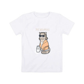 Детская футболка хлопок с принтом Big Meowski в Новосибирске, 100% хлопок | круглый вырез горловины, полуприлегающий силуэт, длина до линии бедер | большой лебовски | боулинг | дюдя | кино | комедия | кот | котейка | котенок | котэ | кошка | молоко | хиппи | чувак | юмор
