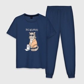 Мужская пижама хлопок с принтом Big Meowski в Новосибирске, 100% хлопок | брюки и футболка прямого кроя, без карманов, на брюках мягкая резинка на поясе и по низу штанин
 | большой лебовски | боулинг | дюдя | кино | комедия | кот | котейка | котенок | котэ | кошка | молоко | хиппи | чувак | юмор