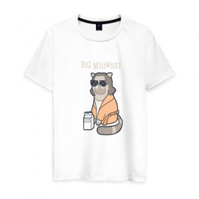 Мужская футболка хлопок с принтом Big Meowski в Новосибирске, 100% хлопок | прямой крой, круглый вырез горловины, длина до линии бедер, слегка спущенное плечо. | большой лебовски | боулинг | дюдя | кино | комедия | кот | котейка | котенок | котэ | кошка | молоко | хиппи | чувак | юмор