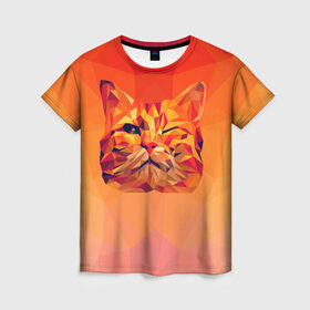Женская футболка 3D с принтом Подмигивающий кот (Low Poly) в Новосибирске, 100% полиэфир ( синтетическое хлопкоподобное полотно) | прямой крой, круглый вырез горловины, длина до линии бедер | cat | fox | kitty | low | lowpoly | poly | веселая | геометрия | грозовой кошак | желтая | кот | котейка | котофей | кошак | лиса | любителям кошек | низкополигональный | позитив | прикольная | рисунок | рыжая | узор