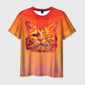 Мужская футболка 3D с принтом Подмигивающий кот (Low Poly) в Новосибирске, 100% полиэфир | прямой крой, круглый вырез горловины, длина до линии бедер | cat | fox | kitty | low | lowpoly | poly | веселая | геометрия | грозовой кошак | желтая | кот | котейка | котофей | кошак | лиса | любителям кошек | низкополигональный | позитив | прикольная | рисунок | рыжая | узор