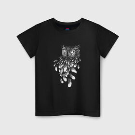 Детская футболка хлопок с принтом Сова и Перья в Новосибирске, 100% хлопок | круглый вырез горловины, полуприлегающий силуэт, длина до линии бедер | fly | owl | белый | букля | животные | крылья | лес | летать | пернатый | перо | совенок | совушка | тату | филин | хищник