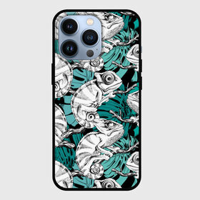 Чехол для iPhone 13 Pro с принтом Хамелеоны в Новосибирске,  |  | branches | chameleons | fash | greens | lizards | nature | trees | youth | ветки | графика | деревья | зелень | искусство | картинка | крутой | лучший | мода | модный | молодёжная | природа | рисунок | стиль | творчество | фон