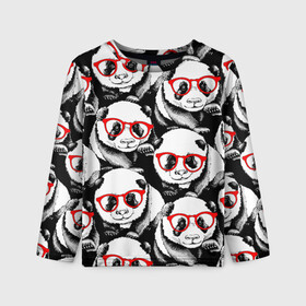 Детский лонгслив 3D с принтом Панды в красных очках в Новосибирске, 100% полиэстер | длинные рукава, круглый вырез горловины, полуприлегающий силуэт
 | animals | bears | funny | head | muzzl | pandas | red | весёлые | взгляд | голова | графика | животные | искусство | картинка | красивый | красные | крутой | медведи | мода | модный | молодёжная | очки | панды | рисунок
