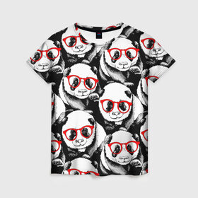 Женская футболка 3D с принтом Панды в красных очках в Новосибирске, 100% полиэфир ( синтетическое хлопкоподобное полотно) | прямой крой, круглый вырез горловины, длина до линии бедер | animals | bears | funny | head | muzzl | pandas | red | весёлые | взгляд | голова | графика | животные | искусство | картинка | красивый | красные | крутой | медведи | мода | модный | молодёжная | очки | панды | рисунок