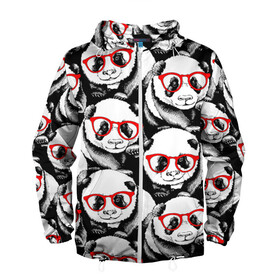Мужская ветровка 3D с принтом Панды в красных очках в Новосибирске, 100% полиэстер | подол и капюшон оформлены резинкой с фиксаторами, два кармана без застежек по бокам, один потайной карман на груди | animals | bears | funny | head | muzzl | pandas | red | весёлые | взгляд | голова | графика | животные | искусство | картинка | красивый | красные | крутой | медведи | мода | модный | молодёжная | очки | панды | рисунок