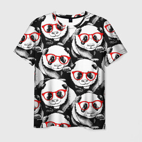 Мужская футболка 3D с принтом Панды в красных очках в Новосибирске, 100% полиэфир | прямой крой, круглый вырез горловины, длина до линии бедер | animals | bears | funny | head | muzzl | pandas | red | весёлые | взгляд | голова | графика | животные | искусство | картинка | красивый | красные | крутой | медведи | мода | модный | молодёжная | очки | панды | рисунок