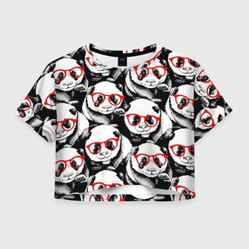 Женская футболка Cropp-top с принтом Панды в красных очках в Новосибирске, 100% полиэстер | круглая горловина, длина футболки до линии талии, рукава с отворотами | animals | bears | funny | head | muzzl | pandas | red | весёлые | взгляд | голова | графика | животные | искусство | картинка | красивый | красные | крутой | медведи | мода | модный | молодёжная | очки | панды | рисунок