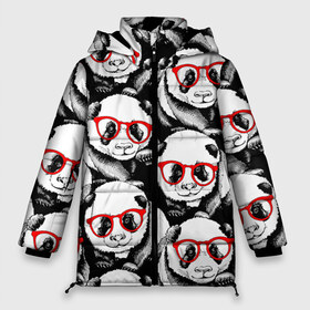 Женская зимняя куртка 3D с принтом Панды в красных очках в Новосибирске, верх — 100% полиэстер; подкладка — 100% полиэстер; утеплитель — 100% полиэстер | длина ниже бедра, силуэт Оверсайз. Есть воротник-стойка, отстегивающийся капюшон и ветрозащитная планка. 

Боковые карманы с листочкой на кнопках и внутренний карман на молнии | animals | bears | funny | head | muzzl | pandas | red | весёлые | взгляд | голова | графика | животные | искусство | картинка | красивый | красные | крутой | медведи | мода | модный | молодёжная | очки | панды | рисунок