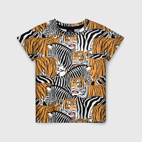 Детская футболка 3D с принтом Тигры и зебры в Новосибирске, 100% гипоаллергенный полиэфир | прямой крой, круглый вырез горловины, длина до линии бедер, чуть спущенное плечо, ткань немного тянется | black | orange | stri | white | абстракция | африка | белая | графика | животное | зебры | искусство | картинка | коллаж | красивый | крутой | лошадь | мода | модный | молодёжная | оранжевая | полосы | рисунок