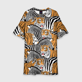 Детское платье 3D с принтом Тигры и зебры в Новосибирске, 100% полиэстер | прямой силуэт, чуть расширенный к низу. Круглая горловина, на рукавах — воланы | Тематика изображения на принте: black | orange | stri | white | абстракция | африка | белая | графика | животное | зебры | искусство | картинка | коллаж | красивый | крутой | лошадь | мода | модный | молодёжная | оранжевая | полосы | рисунок