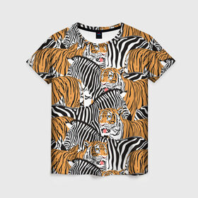 Женская футболка 3D с принтом Тигры и зебры в Новосибирске, 100% полиэфир ( синтетическое хлопкоподобное полотно) | прямой крой, круглый вырез горловины, длина до линии бедер | black | orange | stri | white | абстракция | африка | белая | графика | животное | зебры | искусство | картинка | коллаж | красивый | крутой | лошадь | мода | модный | молодёжная | оранжевая | полосы | рисунок