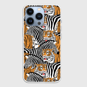 Чехол для iPhone 13 Pro с принтом Тигры и зебры в Новосибирске,  |  | black | orange | stri | white | абстракция | африка | белая | графика | животное | зебры | искусство | картинка | коллаж | красивый | крутой | лошадь | мода | модный | молодёжная | оранжевая | полосы | рисунок