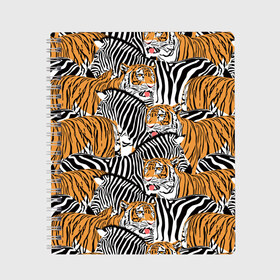 Тетрадь с принтом Тигры и зебры в Новосибирске, 100% бумага | 48 листов, плотность листов — 60 г/м2, плотность картонной обложки — 250 г/м2. Листы скреплены сбоку удобной пружинной спиралью. Уголки страниц и обложки скругленные. Цвет линий — светло-серый
 | Тематика изображения на принте: black | orange | stri | white | абстракция | африка | белая | графика | животное | зебры | искусство | картинка | коллаж | красивый | крутой | лошадь | мода | модный | молодёжная | оранжевая | полосы | рисунок
