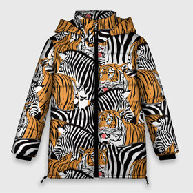 Женская зимняя куртка 3D с принтом Тигры и зебры в Новосибирске, верх — 100% полиэстер; подкладка — 100% полиэстер; утеплитель — 100% полиэстер | длина ниже бедра, силуэт Оверсайз. Есть воротник-стойка, отстегивающийся капюшон и ветрозащитная планка. 

Боковые карманы с листочкой на кнопках и внутренний карман на молнии | black | orange | stri | white | абстракция | африка | белая | графика | животное | зебры | искусство | картинка | коллаж | красивый | крутой | лошадь | мода | модный | молодёжная | оранжевая | полосы | рисунок