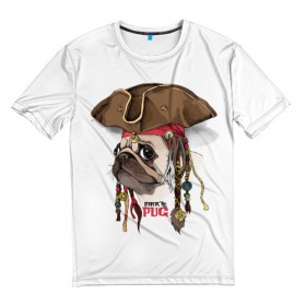 Мужская футболка 3D с принтом Pirate PUG в Новосибирске, 100% полиэфир | прямой крой, круглый вырез горловины, длина до линии бедер | drawing | picture | белый | брутальный | взгляд | графика | животное | искусство | картинка | косички | крутой | лучший | модный | мопс | морской | пиратский | платок | порода | разбойник | рисунок | сильный