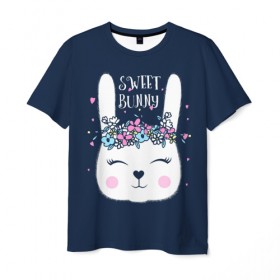 Мужская футболка 3D с принтом Sweet bunny в Новосибирске, 100% полиэфир | прямой крой, круглый вырез горловины, длина до линии бедер | art | creat | drawing | graphics | picture | белый | влюбленный | графика | день святого валентина | заяц | зеленый | искусство | картинка | кролик | крутой | лучший | любовь | модный | подарок | праздник | пушистый