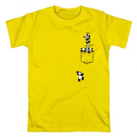 Мужская футболка хлопок с принтом Панды в кармане в Новосибирске, 100% хлопок | прямой крой, круглый вырез горловины, длина до линии бедер, слегка спущенное плечо. | Тематика изображения на принте: бамбук | висит | выглядывает | карабкается | карман | лазает | медведь | панда