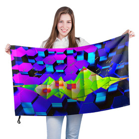 Флаг 3D с принтом НЕОНОВЫЕ СОТЫ в Новосибирске, 100% полиэстер | плотность ткани — 95 г/м2, размер — 67 х 109 см. Принт наносится с одной стороны | abstract | abstraction | comb | cyberpunk | texture | абстракция | бронь | броня | кибер панк | соты | стальные соты | текстуры