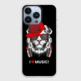 Чехол для iPhone 13 Pro с принтом I love music в Новосибирске,  |  | Тематика изображения на принте: art | creativity | drawing | graphics | ph | picture | бейсболка | голова | графика | грива | дикий | животное | искусство | картинка | красный | крутой | лев | лучший | модный | музыка | наушники | очки | рисунок | сердце