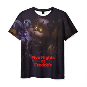 Мужская футболка 3D с принтом Five Nights at Freddy`s в Новосибирске, 100% полиэфир | прямой крой, круглый вырез горловины, длина до линии бедер | five nights at freddy s | game | horror | игры | механические куклы | ночь | охранник | пять ночей у фредди | светящиеся глаза | ужас