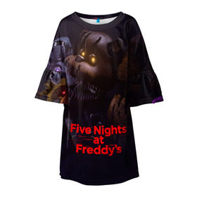 Детское платье 3D с принтом Five Nights at Freddy`s в Новосибирске, 100% полиэстер | прямой силуэт, чуть расширенный к низу. Круглая горловина, на рукавах — воланы | five nights at freddy s | game | horror | игры | механические куклы | ночь | охранник | пять ночей у фредди | светящиеся глаза | ужас