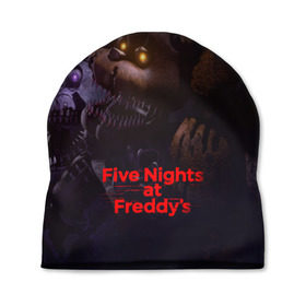 Шапка 3D с принтом Five Nights at Freddy`s в Новосибирске, 100% полиэстер | универсальный размер, печать по всей поверхности изделия | five nights at freddy s | game | horror | игры | механические куклы | ночь | охранник | пять ночей у фредди | светящиеся глаза | ужас