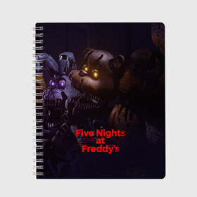 Тетрадь с принтом Five Nights at Freddys в Новосибирске, 100% бумага | 48 листов, плотность листов — 60 г/м2, плотность картонной обложки — 250 г/м2. Листы скреплены сбоку удобной пружинной спиралью. Уголки страниц и обложки скругленные. Цвет линий — светло-серый
 | five nights at freddy s | game | horror | игры | механические куклы | ночь | охранник | пять ночей у фредди | светящиеся глаза | ужас