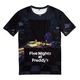 Мужская футболка 3D с принтом Five Nights at Freddy`s в Новосибирске, 100% полиэфир | прямой крой, круглый вырез горловины, длина до линии бедер | five nights at freddy s | game | horror | игры | механические куклы | ночь | охранник | пять ночей у фредди | светящиеся глаза | ужас