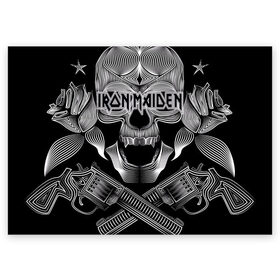 Поздравительная открытка с принтом Iron Maiden в Новосибирске, 100% бумага | плотность бумаги 280 г/м2, матовая, на обратной стороне линовка и место для марки
 | бас | британия | брюс дикинсон | гитара | группа | дева | железная | метал | нико макбрэйн | рок | стив харрис | хеви | яник герс