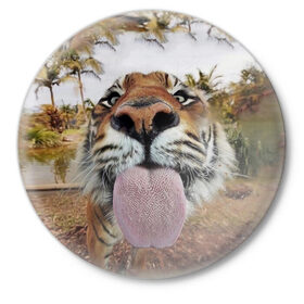 Значок с принтом Тигр показывает язык в Новосибирске,  металл | круглая форма, металлическая застежка в виде булавки | Тематика изображения на принте: голова | животные | кот | кошка | лев | лицо | прикол | прикольные | природа | смешные 
 животные | тигр | тигрица | юмор | язык