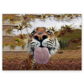 Поздравительная открытка с принтом Тигр показывает язык в Новосибирске, 100% бумага | плотность бумаги 280 г/м2, матовая, на обратной стороне линовка и место для марки
 | голова | животные | кот | кошка | лев | лицо | прикол | прикольные | природа | смешные 
 животные | тигр | тигрица | юмор | язык
