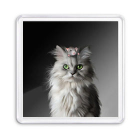 Магнит 55*55 с принтом Кот и мышка в Новосибирске, Пластик | Размер: 65*65 мм; Размер печати: 55*55 мм | животные | кот | котенок | кошка | крыса | мышка | мышь | перс | персидский кот | серый